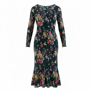 VfEmage Dark Green Floral Lace Long Sleeve Midi Dress